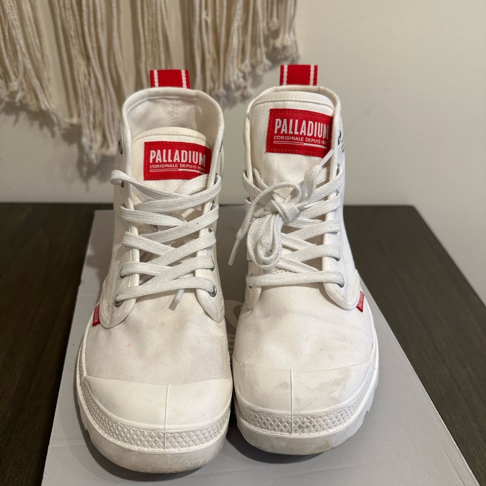 Palladium White and Red High-Top Sneakers